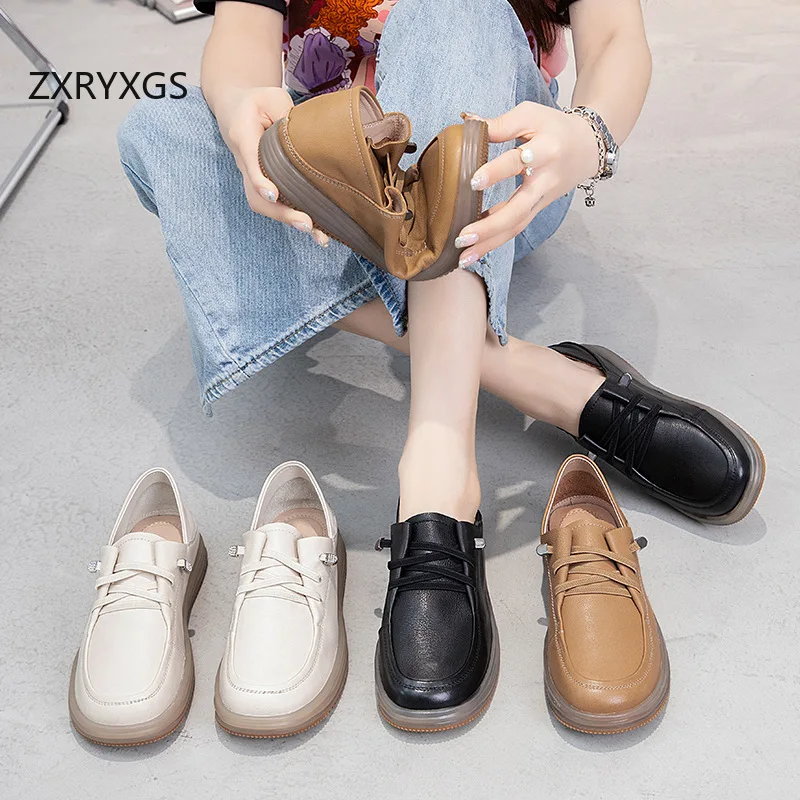 

ZXRYXGS 2026 Top Layer Cowhide Women Flats Casual Sneakers New Round Toe Comfortable Big Size Trendy Shoes Women's Travel Shoes
