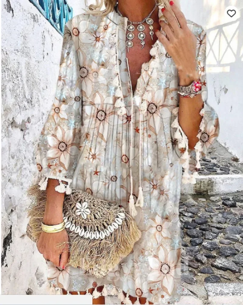 

Women Vintage Print Dress V Neck Tassel Mini Bohemian Dresses Casual Loose Beach Dress Y2k Spring Summer Vestidos Femme Платье