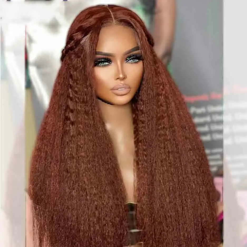 Yaki Natural Hairline 28inch Long 180 Density Soft Orange Brown Glueless Kinky Straight Lace Front Wig For Black Women Baby Hair