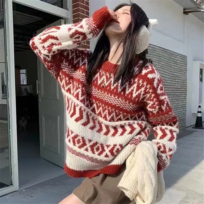 GAODINGLAN Autumn Winter Thick Warm Women Sweaters Long Sleeve Red Christmas Print Knit Pullovers Large Size Loose Female Tops