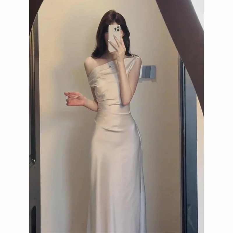 French Temperament High-end Feeling Swinging Collar Sloping Shoulder Dress Waist Bag Buttocks Vinegar Satin Summer Long Skirt