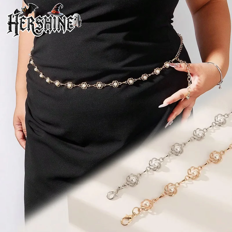 1 ชิ้น Plus ขนาดผู้หญิงโลหะฝังดอกไม้กลวงรูปไข่มุกเอว Elegant และสไตล์หวานชุดอุปกรณ์เสริม