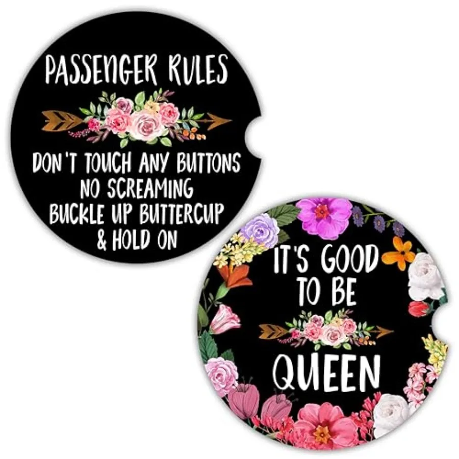 Funny Car Coasters for Cup Holders - 2 Pack Cute Flower Car Accessories for Women, Funny Sayings Floral Stuff Decor, Absorbent
