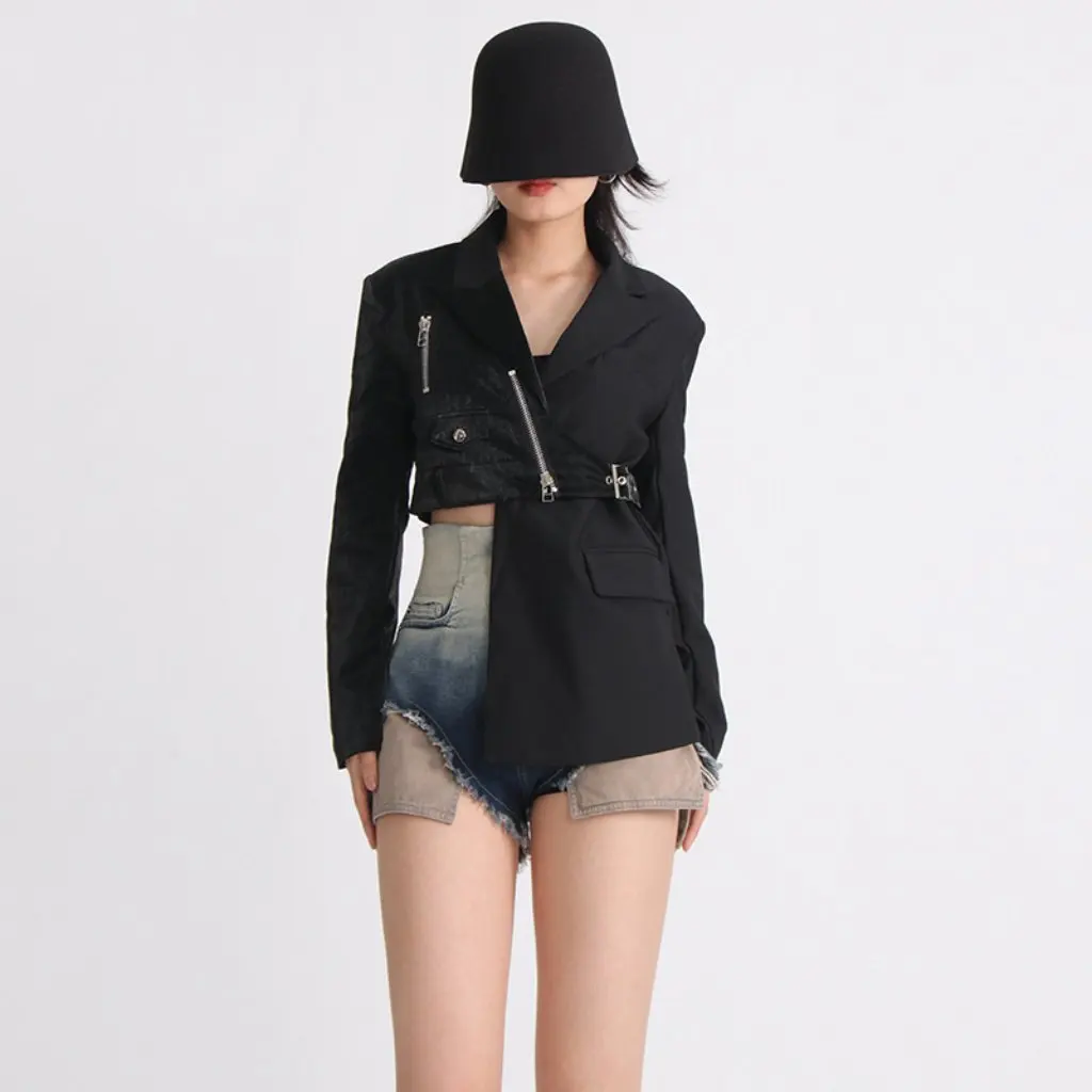 

Women's High-End Asymmetrical Long-Sleeved Motorcycle Style Suit Jacket European American Niche Design Autumn New