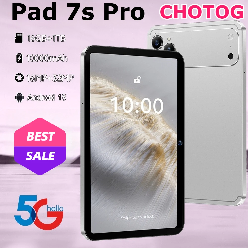 Tablet CHOTOG Versión Global 7s Pro Android 15, Tablet PC de 10.1 Pulgadas, Cámara de 16+32MP, Batería de 10000mAh, Desbloqueo Facial