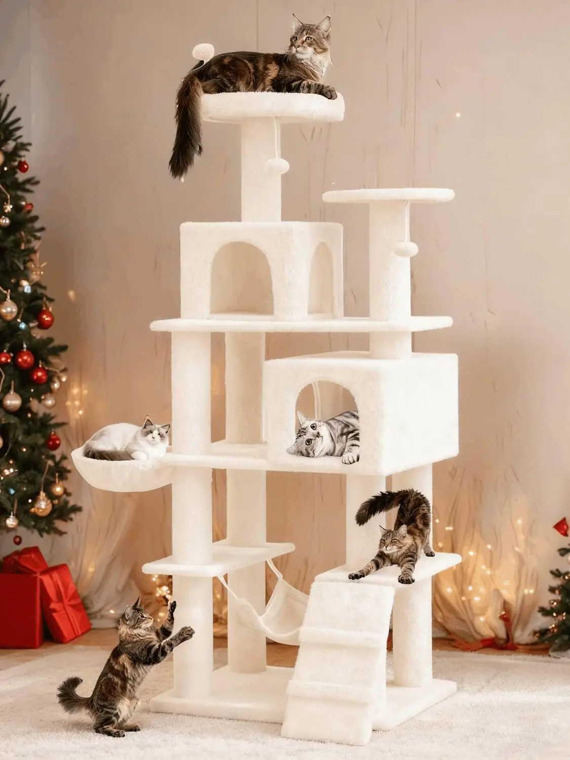 

190.5 cm Tall Heavy Duty Cat Tree for Large Cats, 75inch Indoor Tower with Hammock, Ladder, Plush Balls, Beige