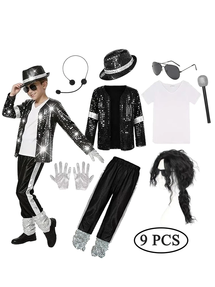 Kinder Jackson Pop-Star Jackson Cosplay Kostüm Halloween Karneval Bühnenauftritt Kleidung Hip-Hop Tanz Outfit