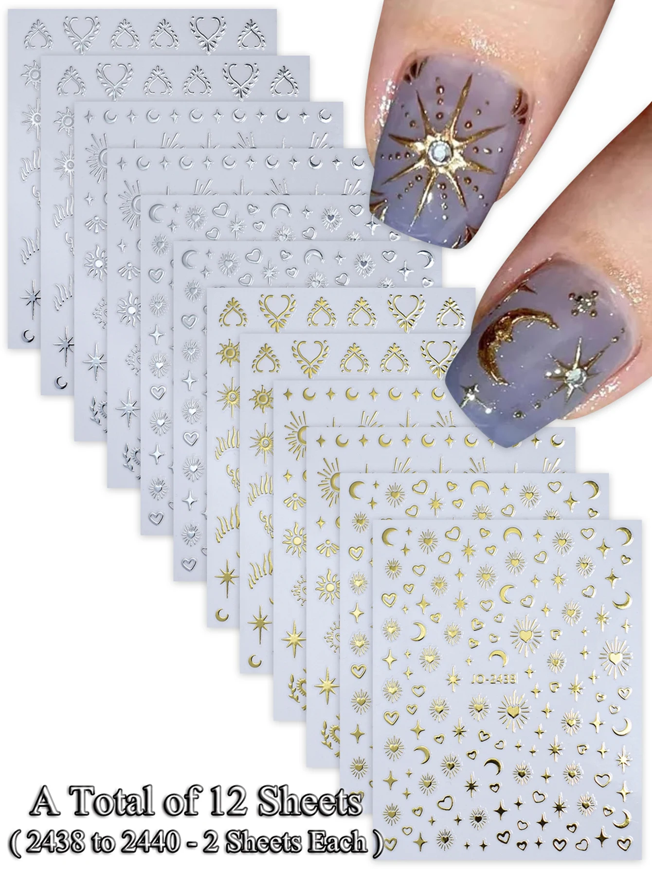 6/12/24 Vellen Gouden & Zilveren Ster, Maan & Hart Nagelstickers, Zelfklevende 3D Nageldecoratie Stickers voor DIY Manicure Decoratie