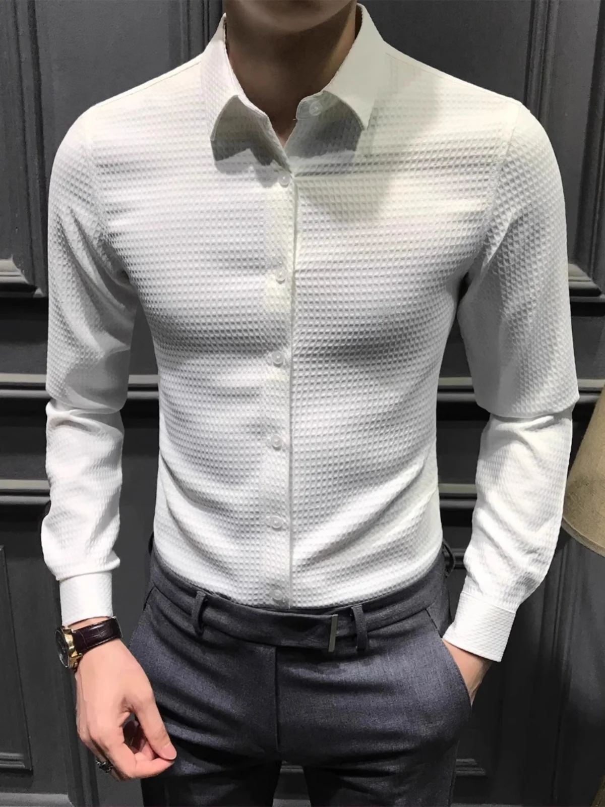 

Pure Color Men's Slim Fit Long Sleeve Shirt Spring Autumn Korean Style Business Casual Plaid Point Collar Dress Shirt