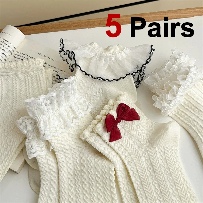 

5 Pairs Cream-colored Bow Lace Socks for Girls, Cute Lolita Japanese Jk Lace Socks, Lolita Sweat-absorbing Mid-calf Socks