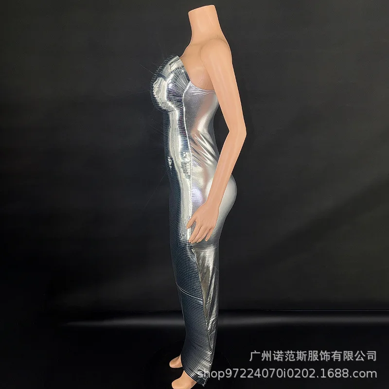 Zilver glanzend slank slank gala-avond muziekfestival zanger liedpak live house prestatiepak verjaardagsoutfits avondjurken