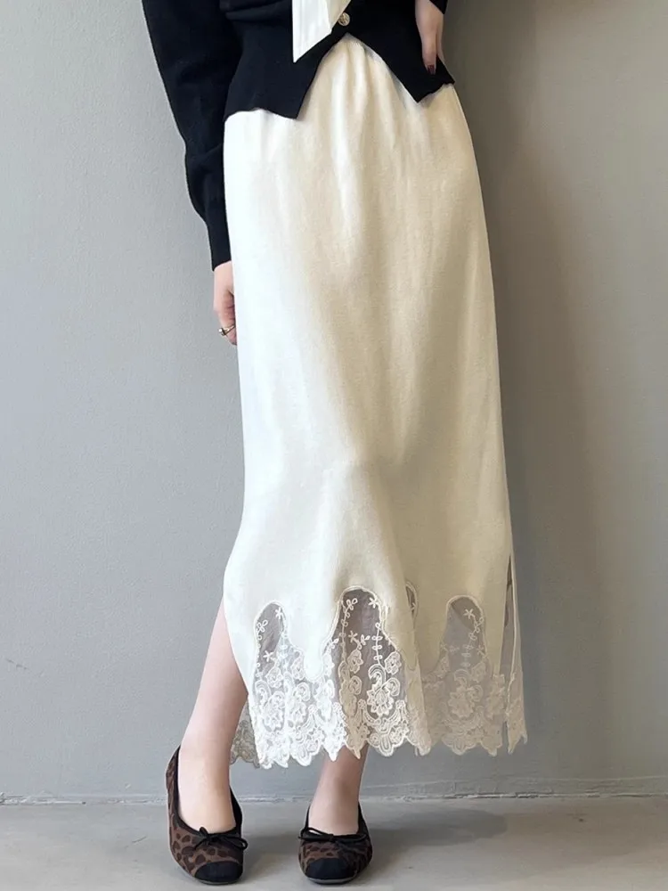 Lace Knitted Skirt For Women\'S Winter High Quality Design, Thickened Split Elegant And Unique Slim Fit Skirt