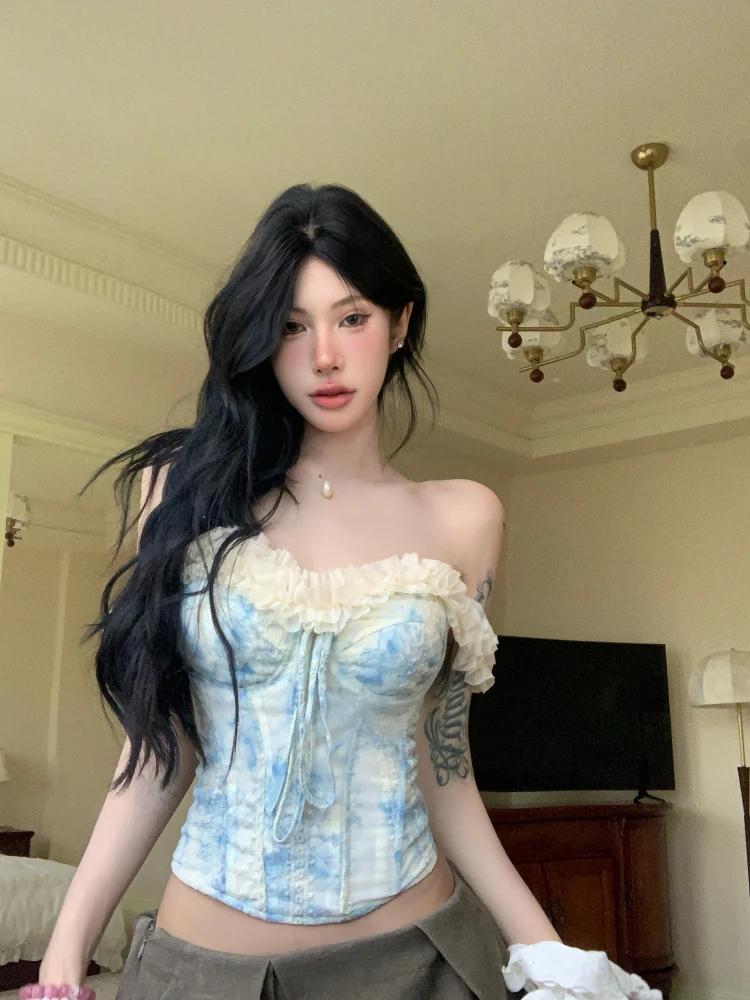 High Quality Hot Selling Wholesale High-end Camisole Vest Women 2025 Romantic Splicing Fishbone Corset Blue Strapless Top Y2k