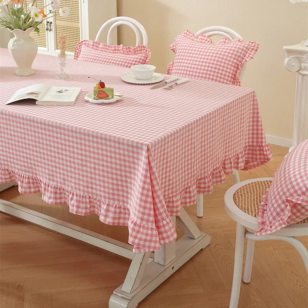 French Pastoral Pink Tablecloth Solid-Color Woven Plaid Cotton Contrasting Color Ruffled Edge Tablecloths Decoration Table