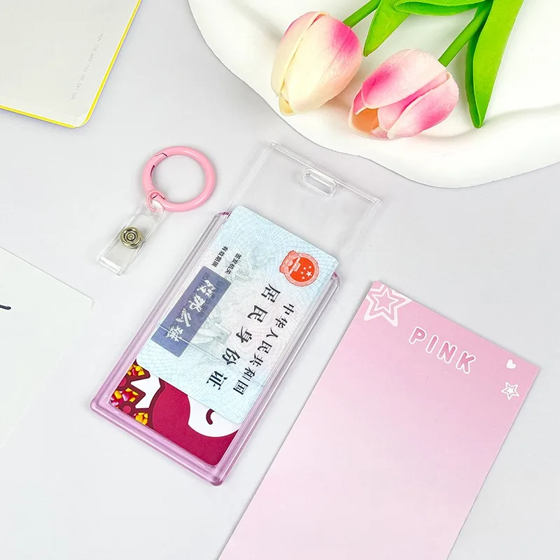 1Pc Cute Simple Transparent Gradient Color Card Holder Portable ID Card Bus Bank Credit Card Protector Keychain Photocard Sleeve