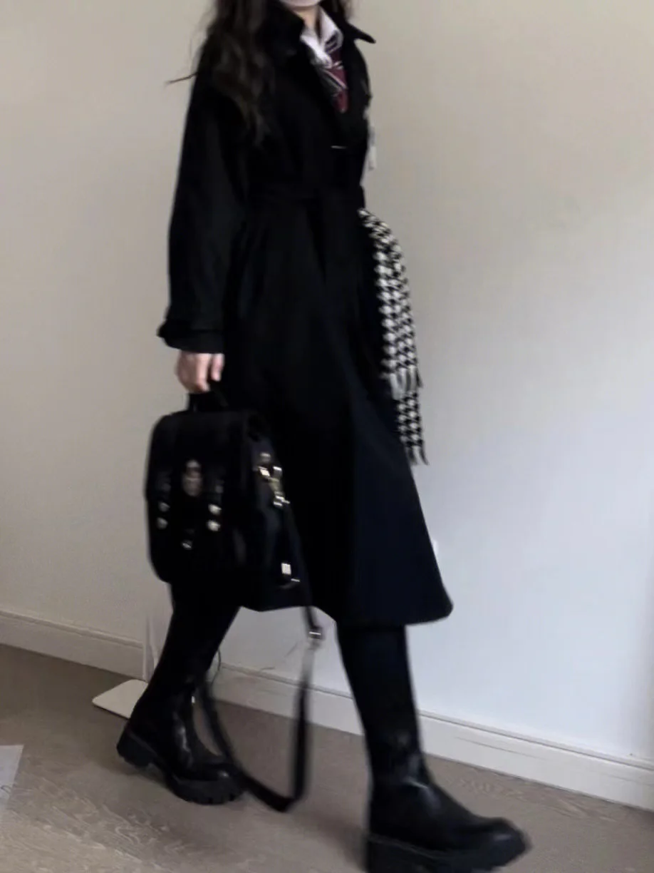 2025 Autumn Winter Korean Style High-End Black Trench Coat JK Short Skirt White Shirt College Style Mid-Length OverCoat Set