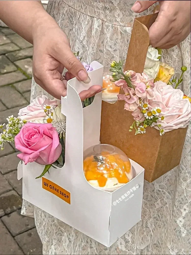 10pcs Folding Cpffee Tea 2 Cup Handheld Flower Boxes Rose Bouquet Packaging Pouch Kraft Paper Floral Gift Handle Box