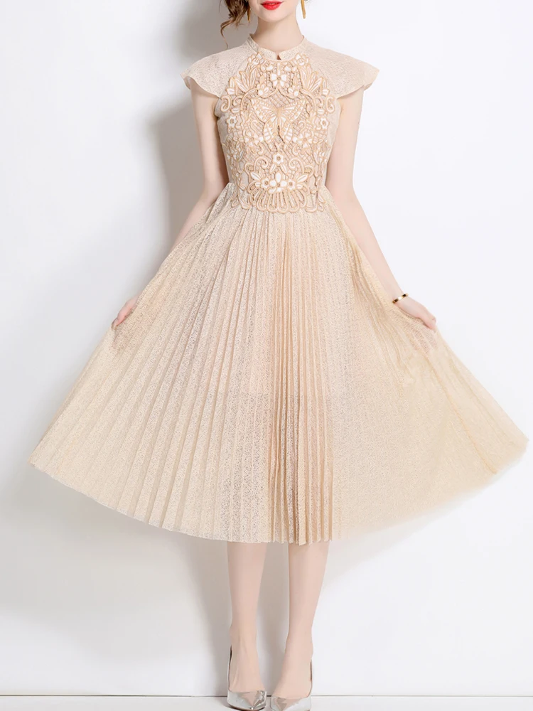 

Elegant Lace Embroidered Round Neck Short Sleeved Slim Fit Dress 2025 New Fashion Spring Women'S Clothing