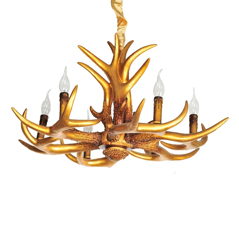 

American country villa retro antlers chandelier living room hotel chandelier, resin wrought iron candle lighting