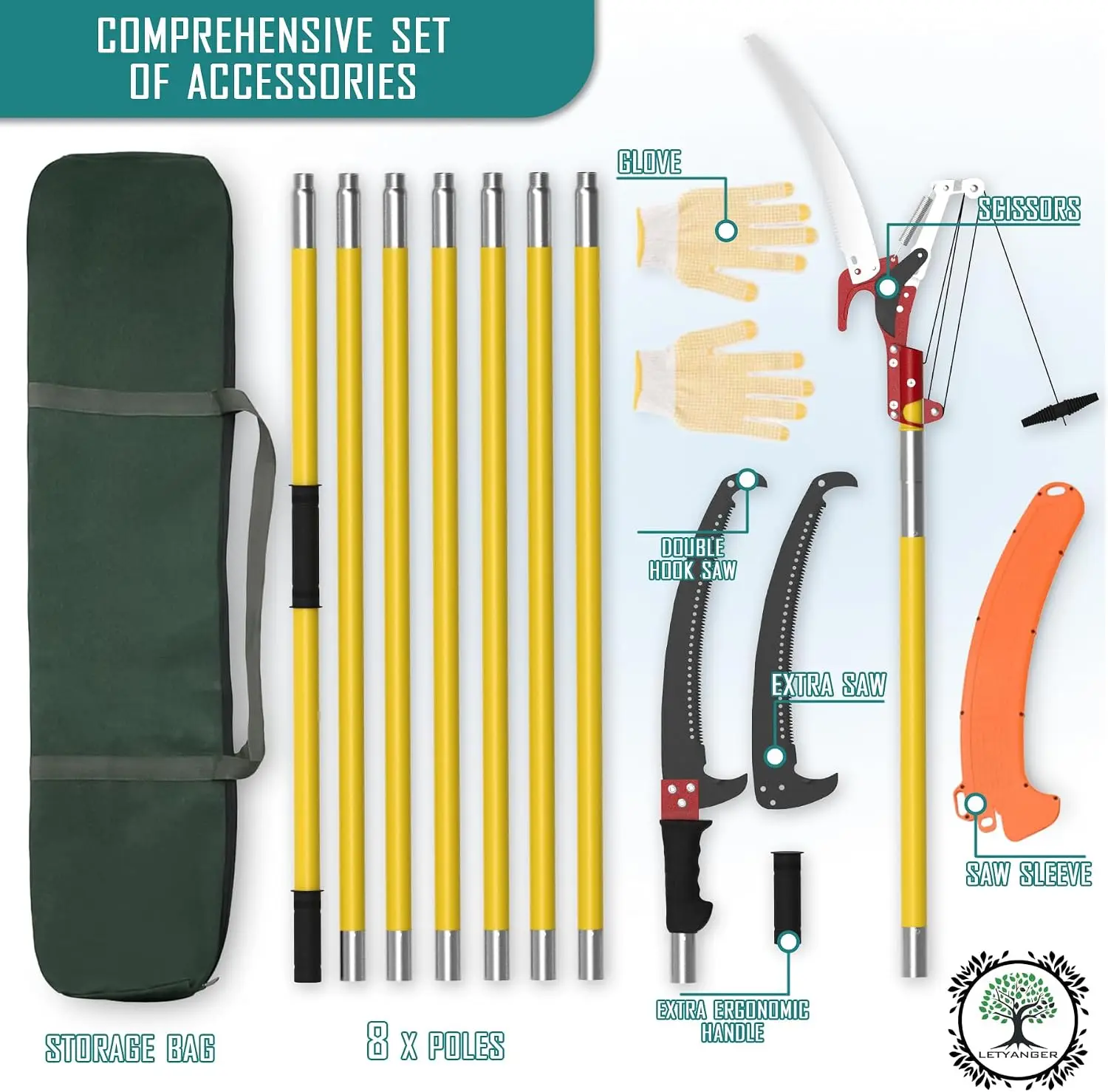 7.3-27FT Extendable Long Handle Pole Saw with Blade and Branch Scissors | extendable pole saw; tree trimmer with scissors; pruning saw