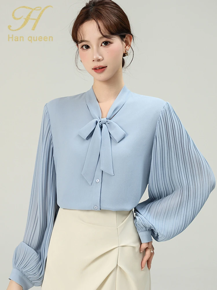 

H Han Queen New Arrival Autumn Lace-Up Long Sleeve Shirt Womens Blouses Vintage Casual Tops Elegant Loose Korean Popular Clothes