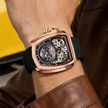 

HANBORO Men Automatic Watch Fashion Tonneau Mechanical Wristwatch Luminous Waterproof Skeleton Dual Flywheel Dial Shanghai JH33