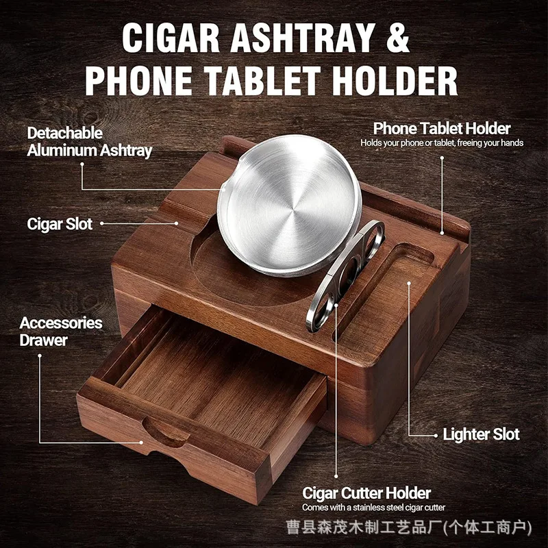 

Luxury Gift for Cigar Aficionados: Solid Wood Ashtray Box with Slide-Out Tray, Perfect Travel & Desk Companion for Him