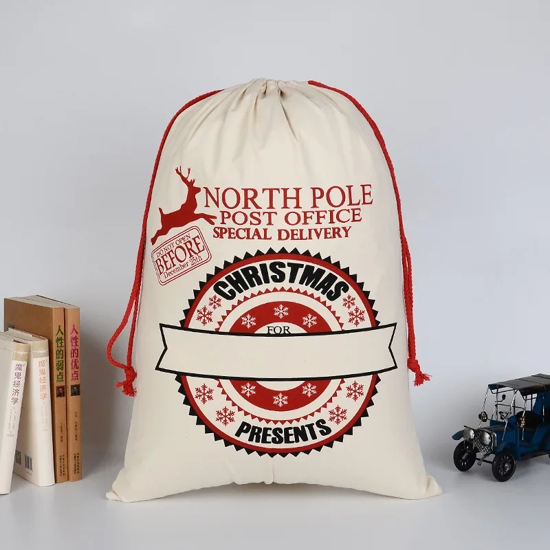Frohe Weihnachten Süßigkeiten-Geschenktasche Baumwoll-Canvas Weihnachtsstrumpf Santa DIY Kordelzug-Socken für Kinder 50*70cm Große Größe Neujahr – Detail 6