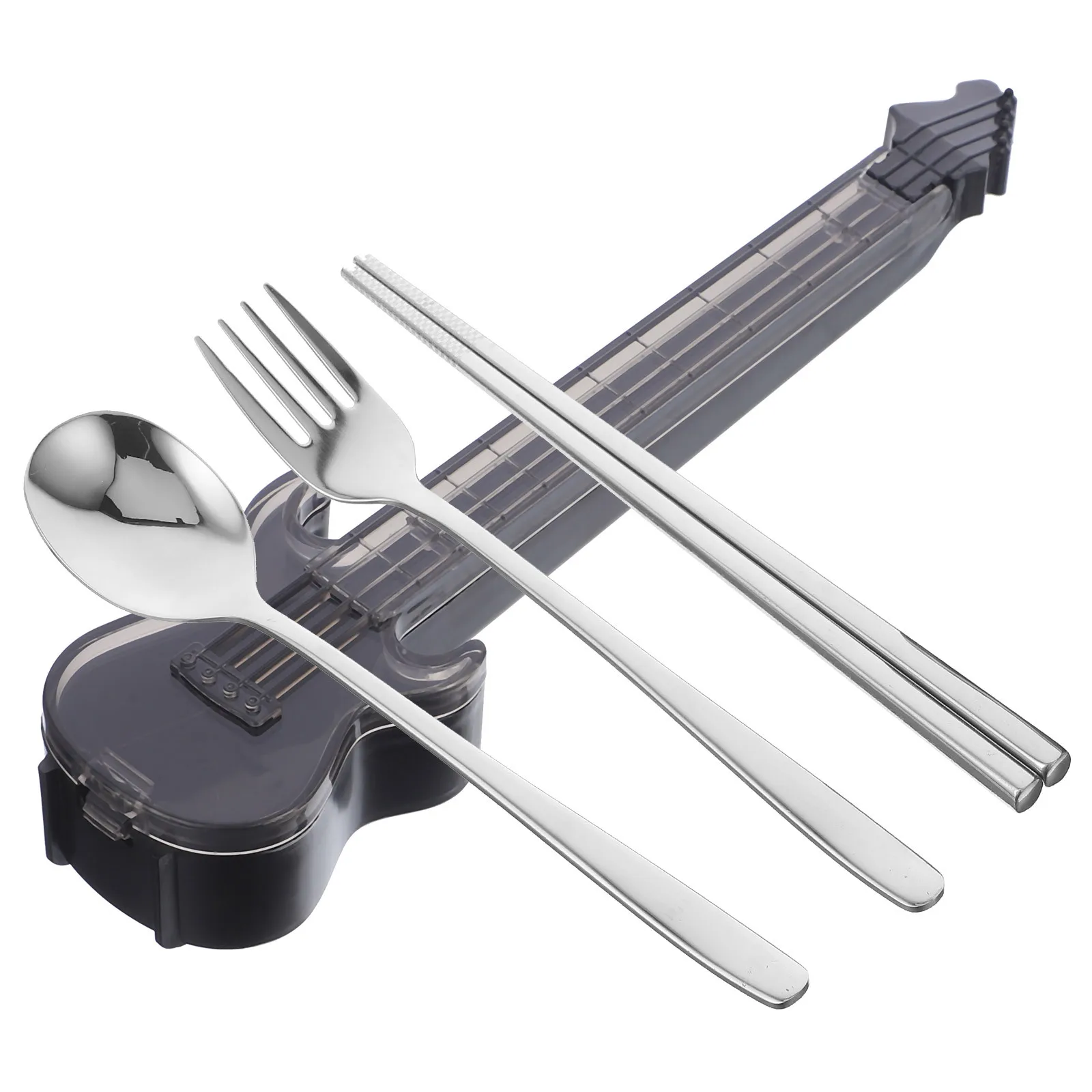 

1Set Stainless Steel Travel Tableware Kit Lightweight Portable Guitar Shaped Fork Spoon Chopsticks Set for Camping Picnic Bbq