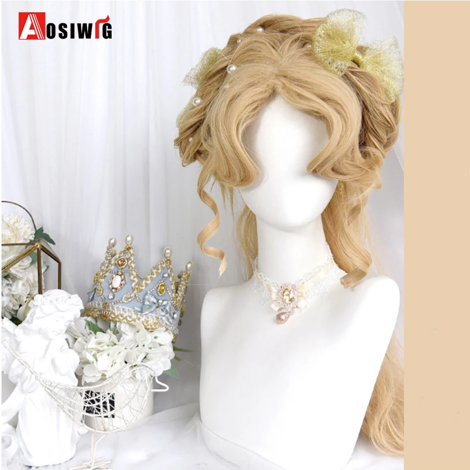 AOSIWIG Synthetic Long Wavy Cosplay Wig With Bang Blonde Cute Lolita Wig Women Halloween Cosplay Wig