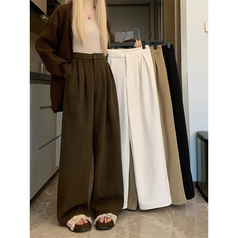 سروال قصير من الصوف بنطال ذو قصة أرجل واسعة للنساء Harajuku ملابس الشارع الشهير سروال فضفاض أسود شتوي عتيق كوري سميك غير رسمي مستقيم