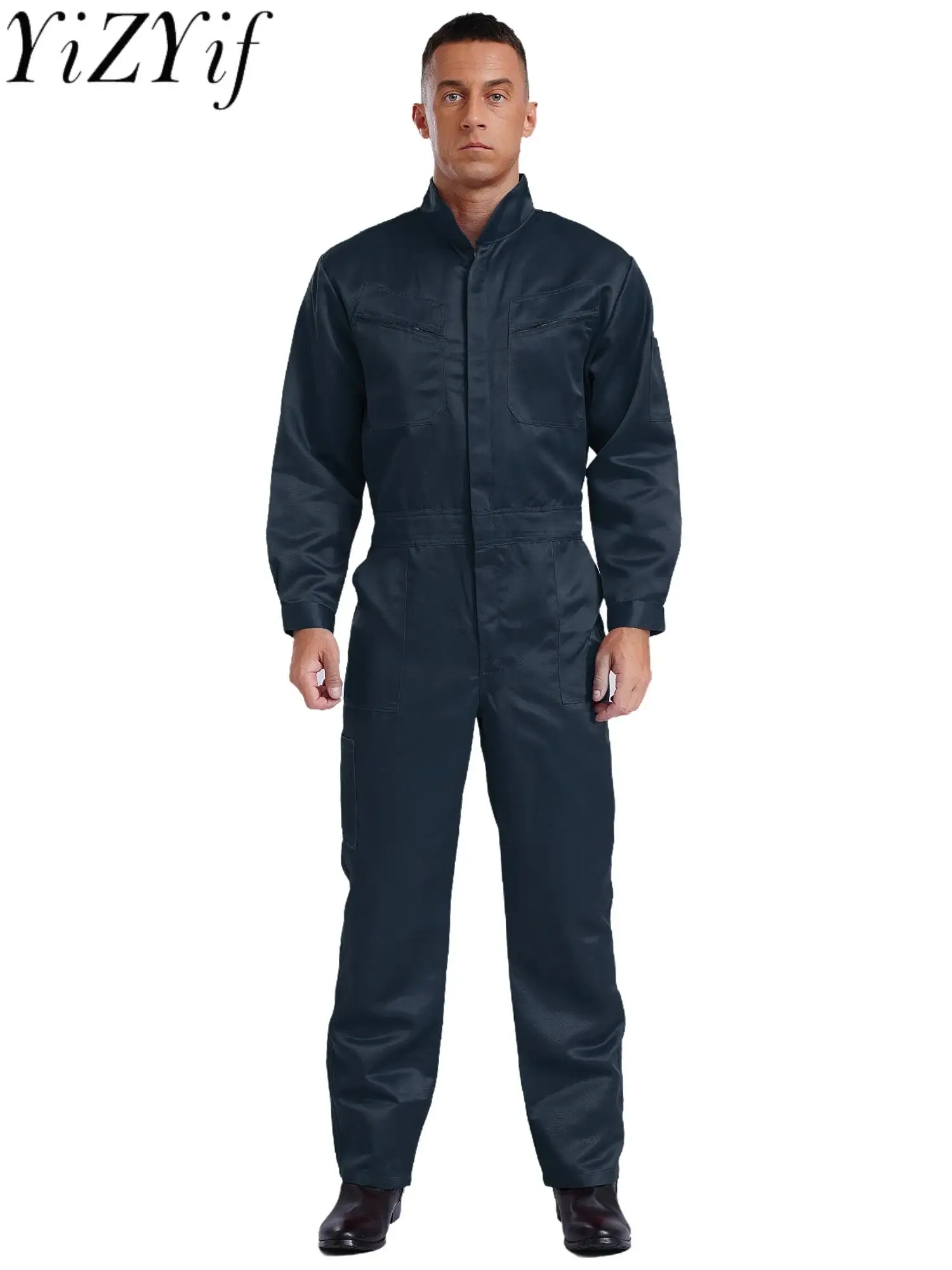 Men 100% Cotton Overalls Bodysuit Stand Collar Long Sleeve Front Zip Multiple Pockets Work Coveralls Jumpsuit Work Uniforms