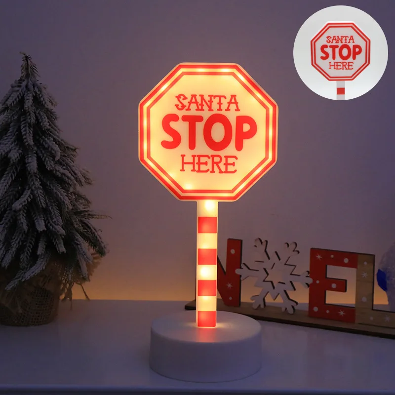Novelty Christmas Night Light, Octagonal Sign Shaped Table Lamp, Red White Stripe Pole, Warm LED for Holiday Room Table Decor