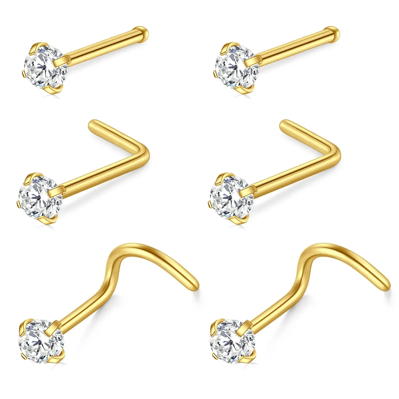 2pcs/6pcs Nose Studs Gold Stainless Steel Rod 20g Corkscrew Tiny Nose Rings piercing Stud Small Nose Screw Bone Cubic Zircon