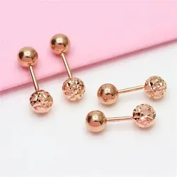 585 lila gold glänzende runde bead schraube ohr studs doppel tragen einfach glänzend 14K rose gold ohrringe für frauen party täglich schmuck