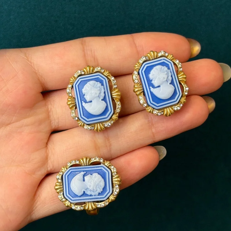 Vintage Blue Cameo Relief Beautiful Jewelry Sets Earrings Ring High Quality Luxury Elegant Classic Wedding Party Gift For Women