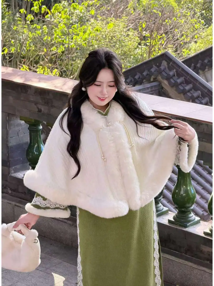 

New Chinese Style Fleece Lined Thickened Oversize Shawl Cardigan Winter Outerwear for Women Elegant Fashion Trend