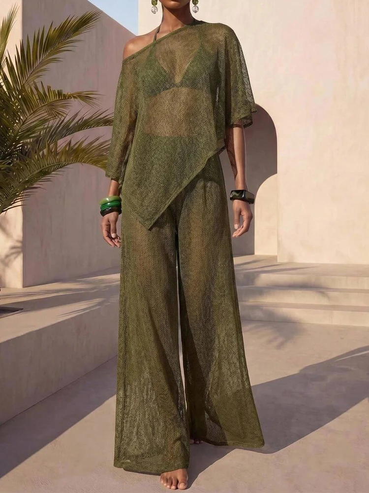 Simple Vacation Bikini Cover Up Suit Casual Asymmetrical Top + Long Pants Women Sets Sexy Perspective Solid Color Summer Outfit
