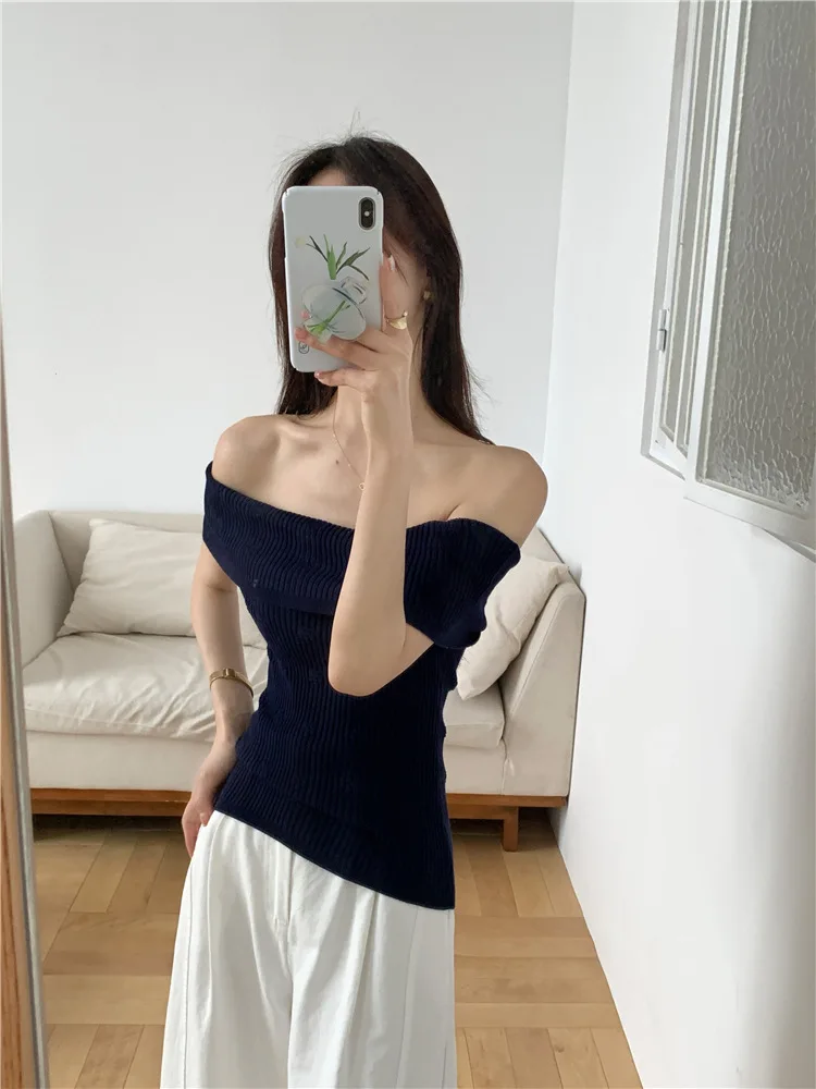 8063 오프숄더 화이트 탑 여름 프래그런트 스타일 원숄더 리브드 스트레치 자카드 디자인 슬리밍 베스트 티셔츠