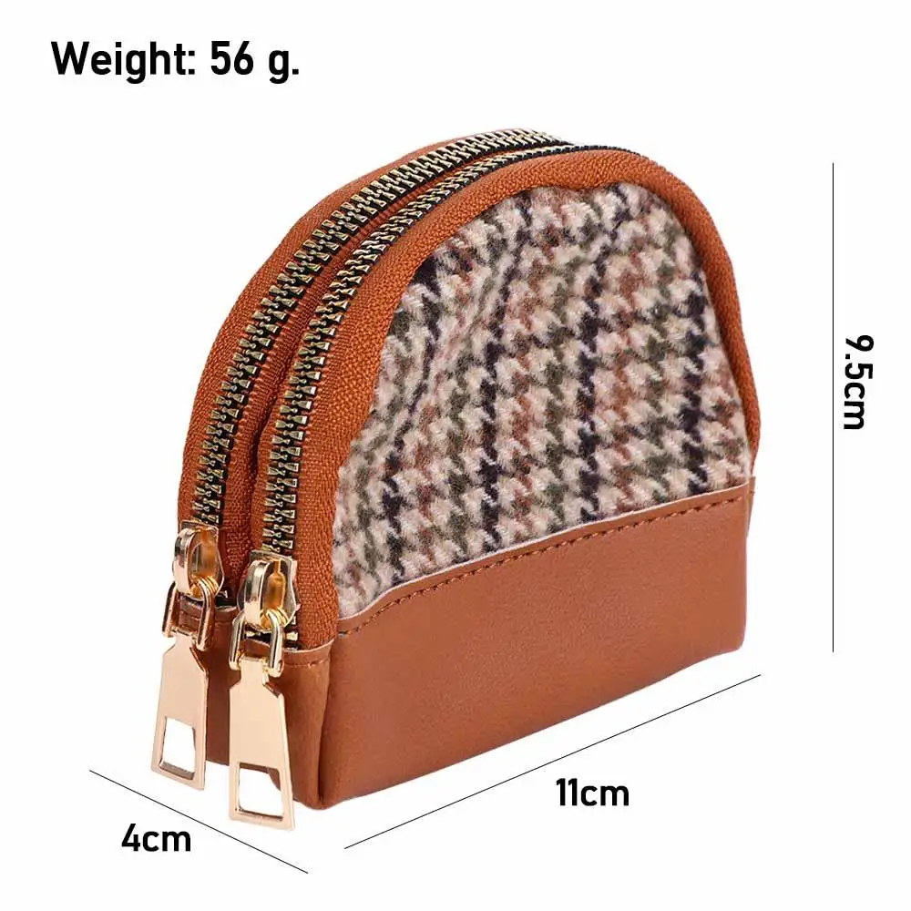 Temperamental Handy Fabric with Key Chain Houndstooth Double Layers Zipper Wallet Women Coin Purse Card Holders Leather Bag