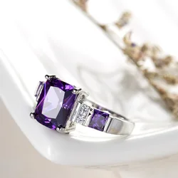 Luxury Female Purple Zircon Stone Ring Silver Color Love Square Zircon Promise Wedding Rings For Women Anillos Mujer