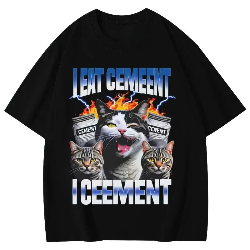 

I Eat Cement Cursed Cat Funny Vintage Meme Print T Shirt Fashion Short Sleeve T-shirts Women Casual Summer Clothing