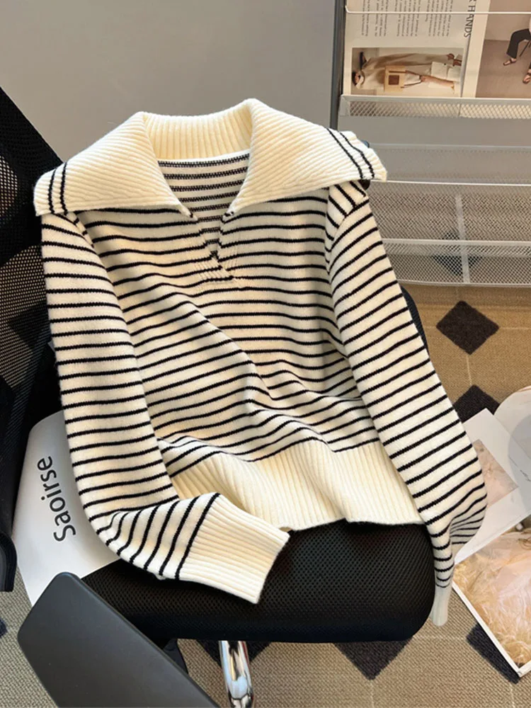 Classical Fashion Turn-down Collar Knitted Sweater Women Striped Design Long Sleeve Pullover Autumn 2024 Korean Style Loose Tops