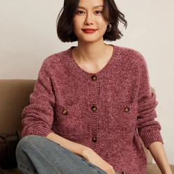 Autumn And Winter New 100% Cashmere Cardigan Sweater Women Round Neck Long Seeve Button Pocket Versatile Female Top Loose Jacket