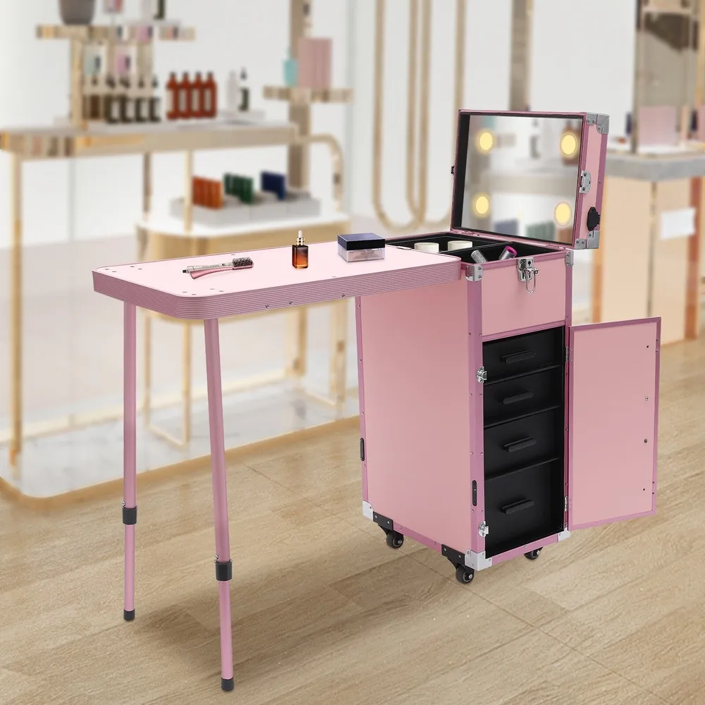 

Modern Pink Freestanding Nail Desk Mobile Station Rolling Makeup Train Case Manicure Table