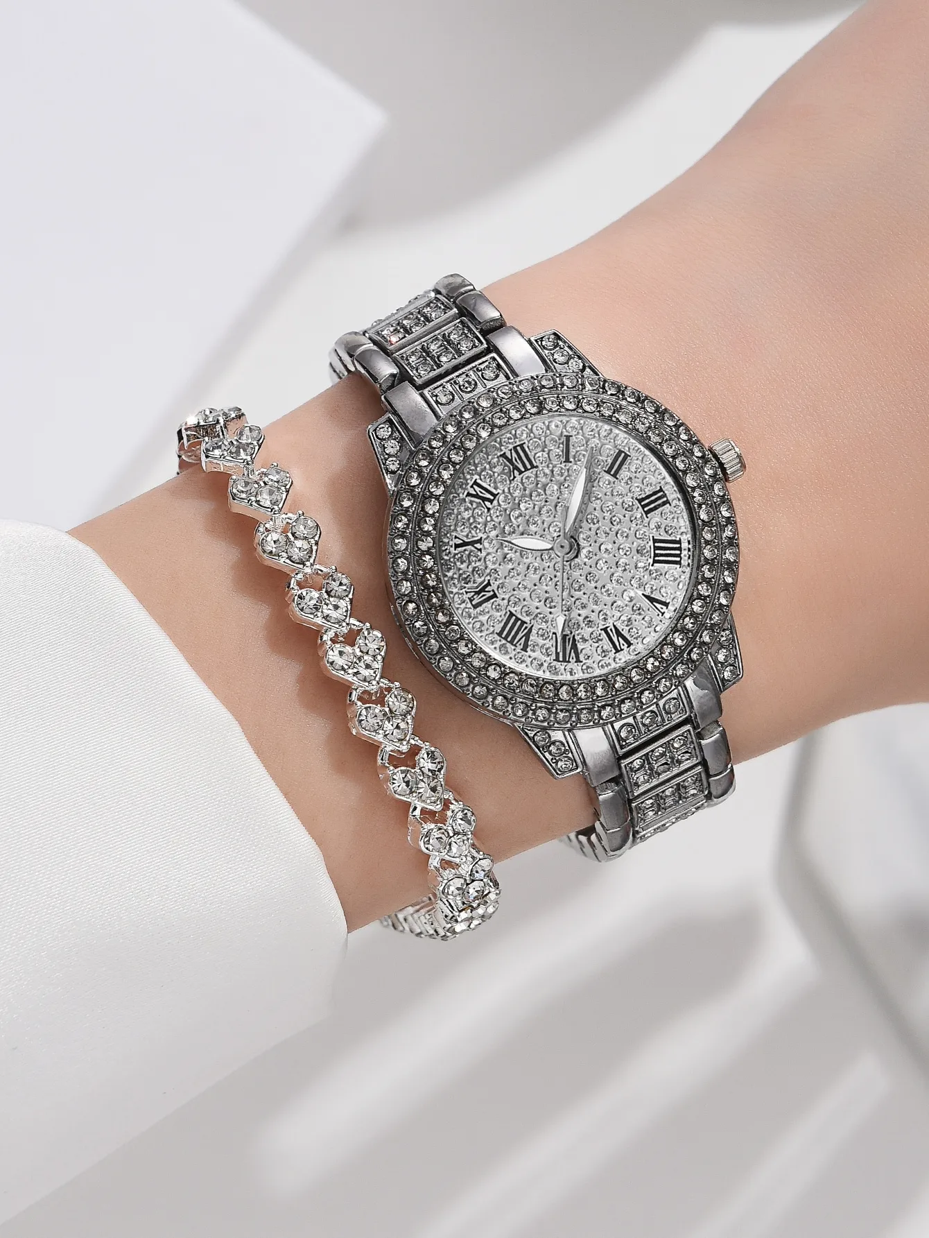 2023 2pcs Luxury Fashion Women Watch Set Silver Strap Ladies Quartz Wristwatch Alloy Bracelet For Ladies Gift