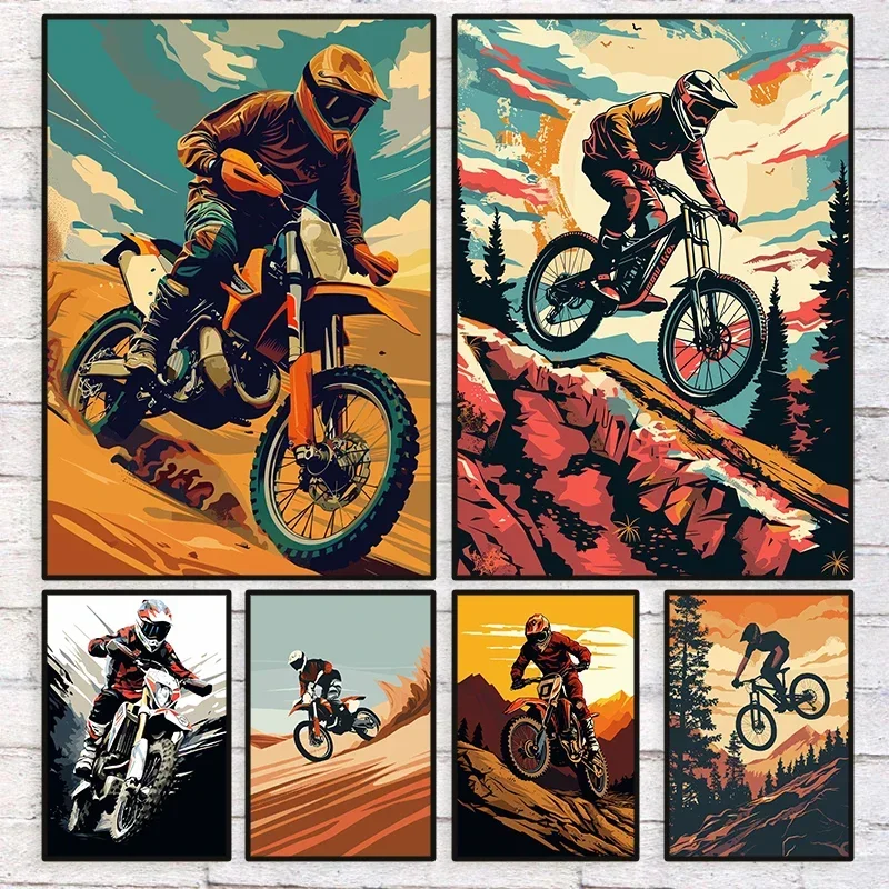 Retro Two Wheels Motocross Dirtbike Mountainbike Downhill Tourist Scenery Poster Print Canvas Painting Wall Art Room Home Decor