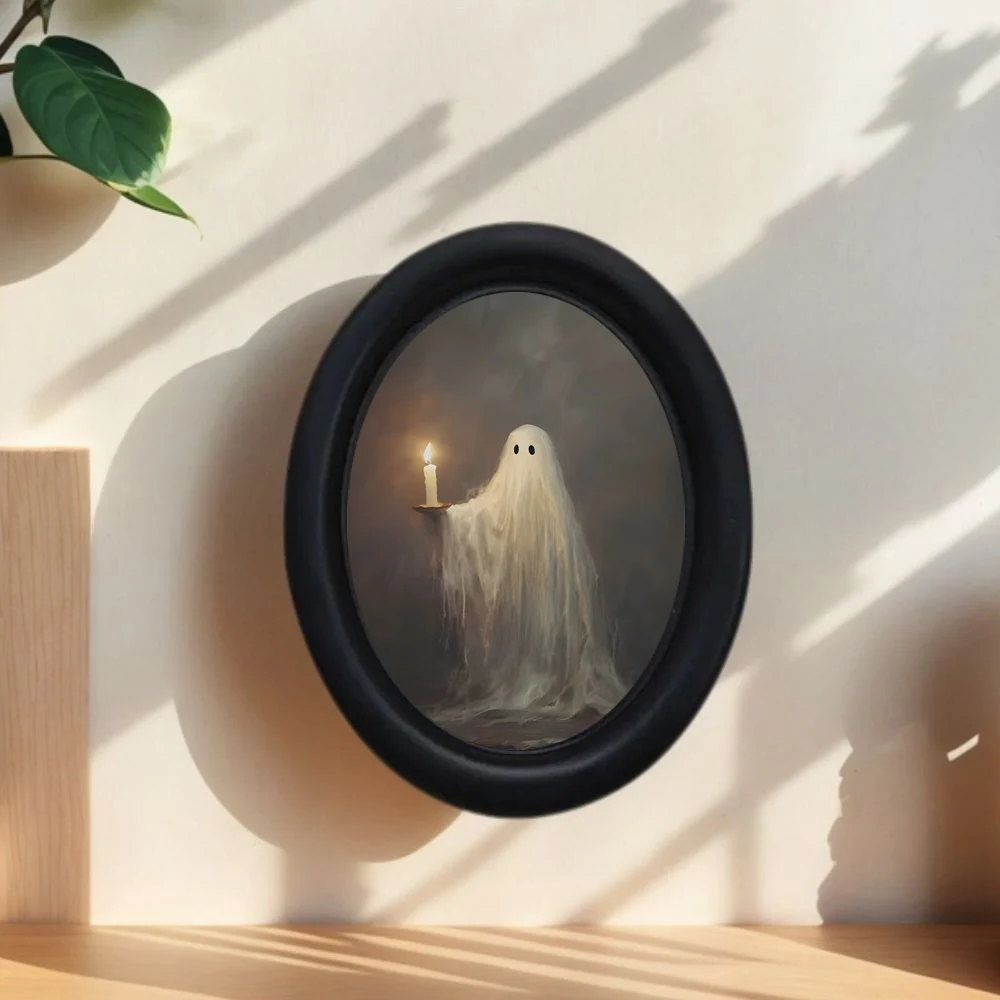 A Handmade Victoria Gothic Wooden Ornament Art - Cute Little Ghost with Candle, Black Oval Frame, Interior Decoration, Suitable for Home and Office, Ideal Holiday Decoration, Home Wall Decoration |   Victoria Style Decoration |   Exquisite Details, Gothic Home Decoration