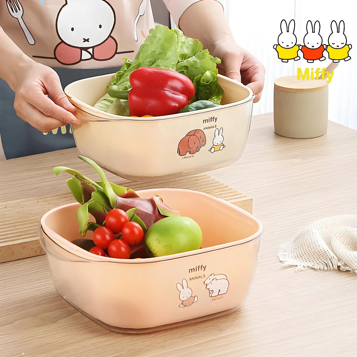 Kawaii Miffy Rabbit Draining Basket for Home Kitchen Vegetable Washing Sand Filtering Fruit Rinsing Plastic Draining Basket