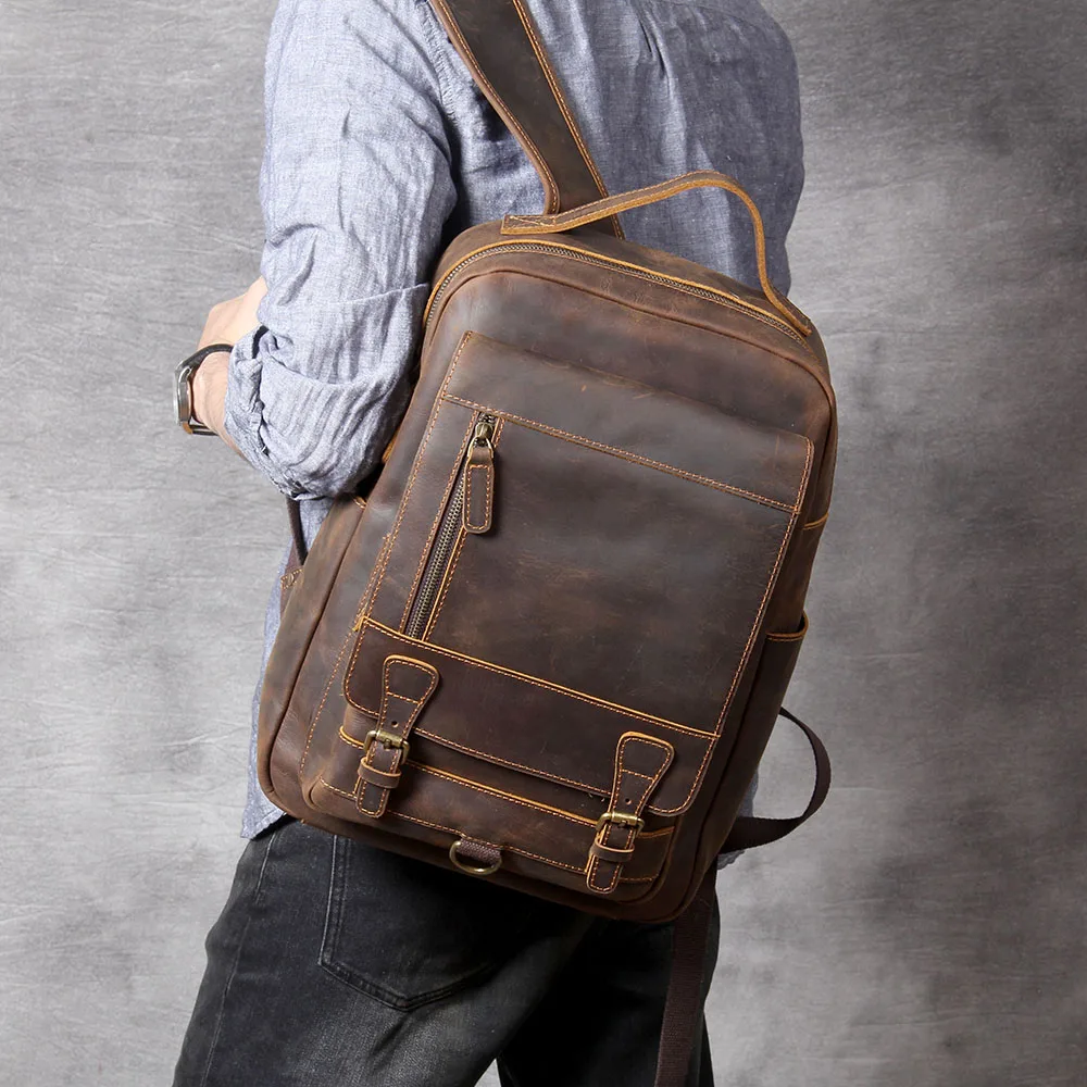 S.WORKER Vintage Echtleder Herrenrucksack Laptop-Tasche Casual Crazy-Horse Leder Schultasche Outdoor-Taschen – Detail 6